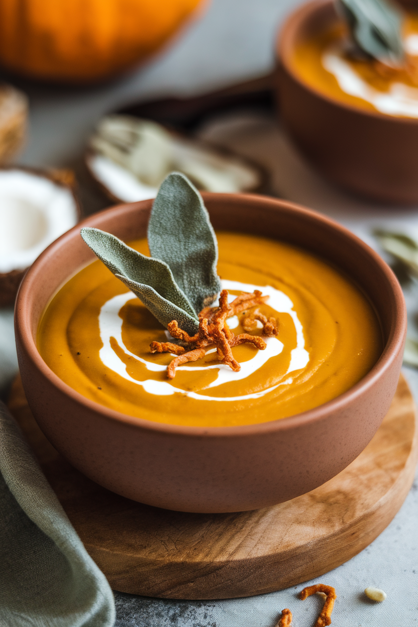 Indoor bowl of creamy pumpkin soup garnished with crispy sage leaves and a swirl of coconut cream. No text or logos. Photo, not illustration.