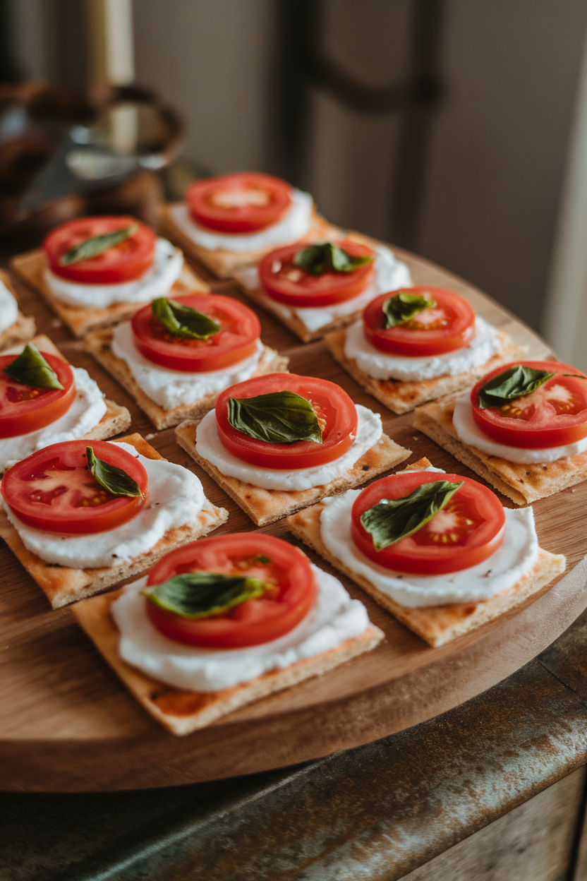 Photo of an indoor wooden board with rectangular flatbread topped with melted mozzarella, tomato slices, and fresh basil, cut into small squares; cozy lighting, no text or logos