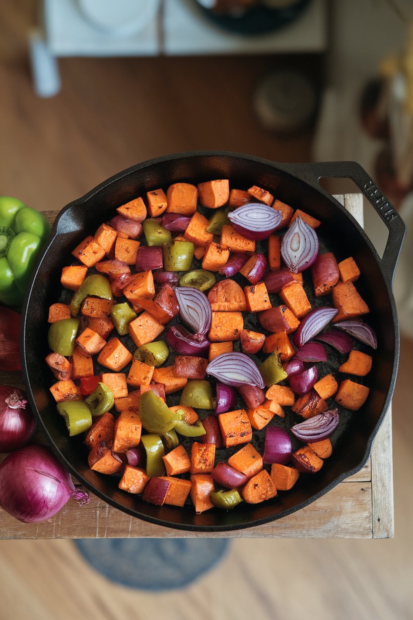 Indoor cast-iron skillet filled with cubed roasted sweet potatoes, bell peppers, and red onions; overhead angle, no text or logos.