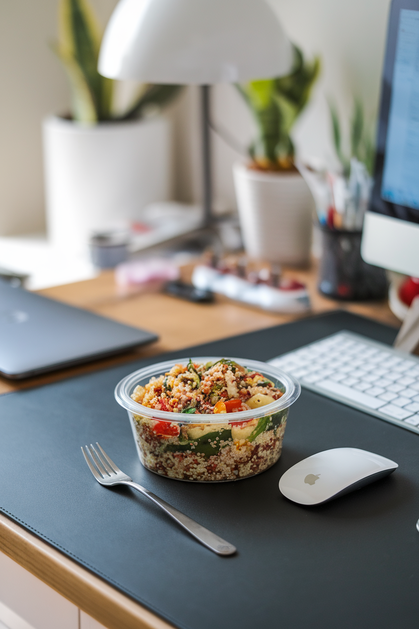Photo of an indoor workplace desk with a prepared quinoa salad and fork beside a computer mouse. No text or logos visible.