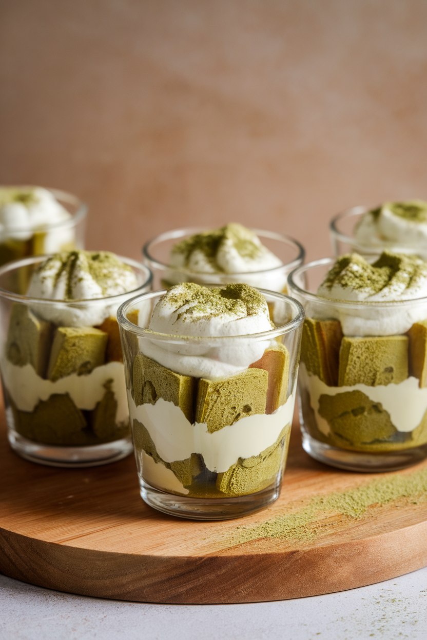 Indoor photo of clear glass cups showing layers of matcha-soaked ladyfingers, mascarpone cream, and matcha dusting on top, no text or logos