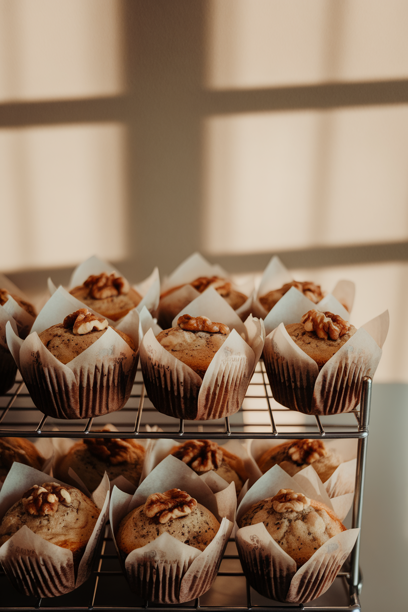 An indoor bakery rack with muffins wrapped in paper liners, visible banana specks and walnut pieces on the tops. No text or logos in frame.