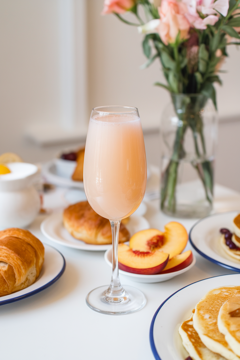An indoor brunch table with a stemless flute of pastel peach Bellini beside a small dish of fresh peach slices. Photo, not illustration. No text or logos.