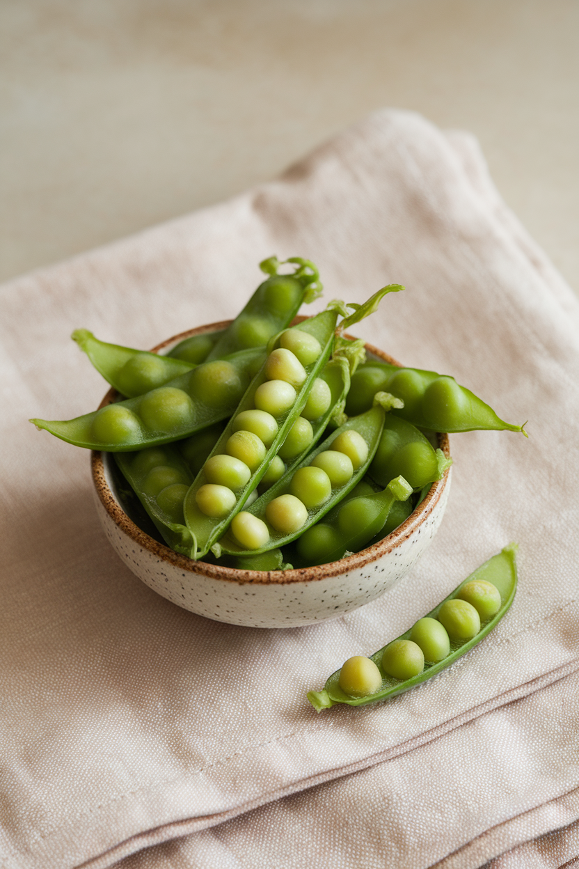 Indoor small bowl of crisp sugar snap peas, some split open to reveal peas inside. Neutral background, photo only.