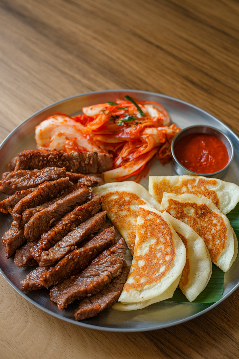 Indoor dining table featuring a platter of cooked bulgogi beef strips, kimchi, scallion pancakes wedges, and gochujang dip; no text or logos.