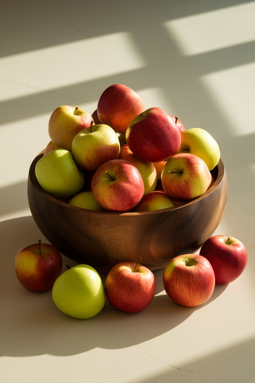 A softly lit indoor countertop featuring a wooden bowl piled high with crisp red and green apples, subtle shadows adding depth, no text or logos visible.