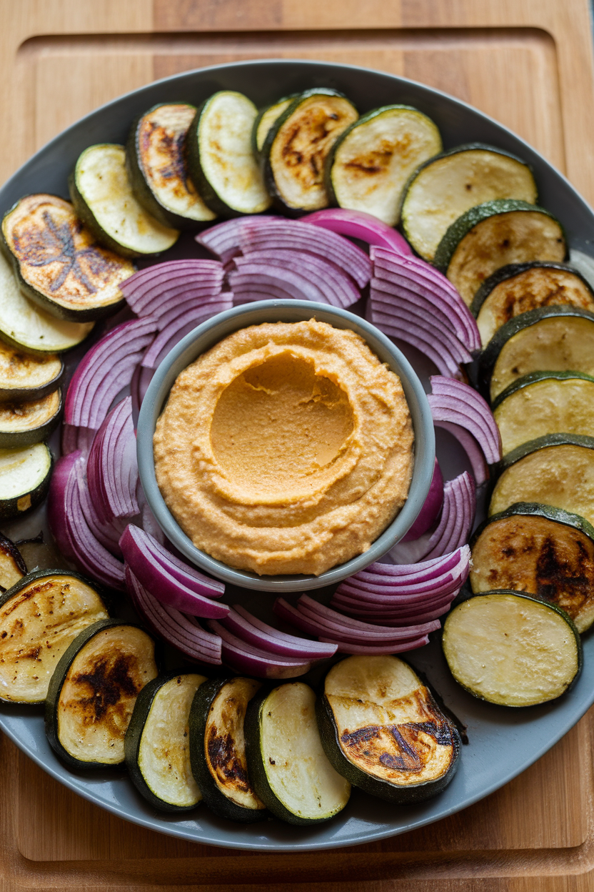 An indoor serving platter arranged with roasted zucchini, red onion wedges, and a generous scoop of hummus in the center. No text or logos.