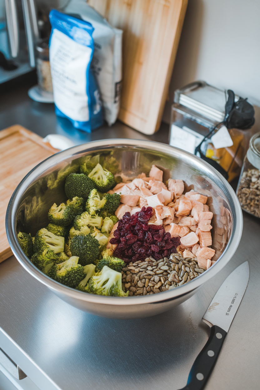 An indoor kitchen counter with a mixing bowl of chopped steamed broccoli florets, cooked chicken chunks, dried cranberries, and sunflower seeds — photo, no logos