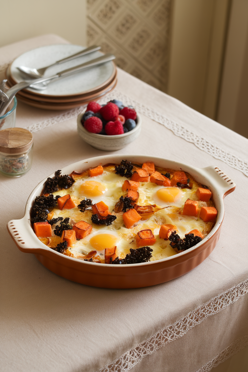 Indoor breakfast table image showing a casserole of roasted sweet potato cubes, caramelized onions, kale, and whisked eggs, golden top. No text or branding.