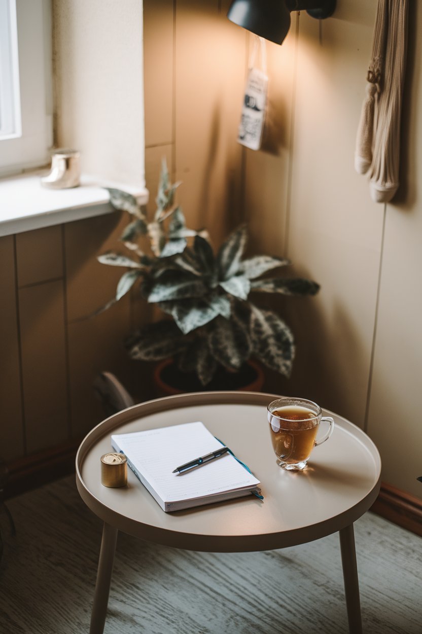 Photo of a cozy indoor setting with a journal, pen, and cup of herbal tea on a coffee table. Soft lamp lighting, no text or logos.