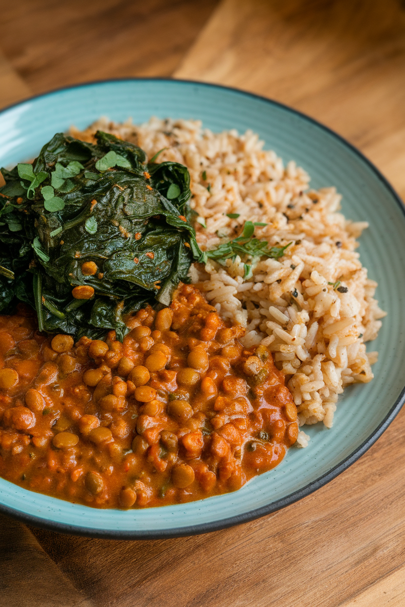 Indoor dinner plate piled with lentil curry, brown rice, and spinach—photo.