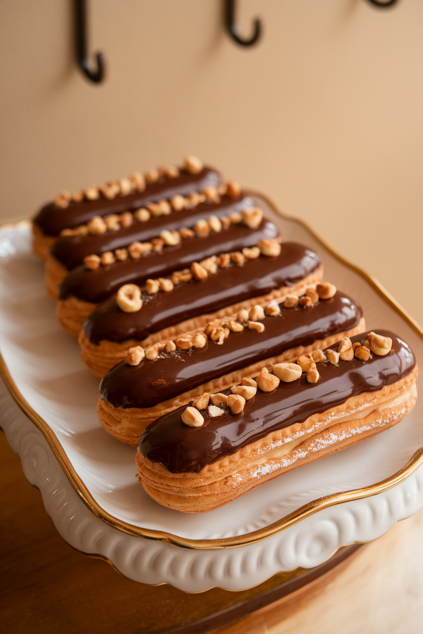 Indoor photo of glossy chocolate-glazed éclairs lined neatly on a porcelain platter, light reflecting on the ganache, no text or logos