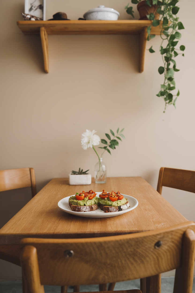 A cozy indoor breakfast nook showing whole-grain toast topped with mashed avocado, halved cherry tomatoes, and a sprinkle of chili flakes. No visible logos; photo only.