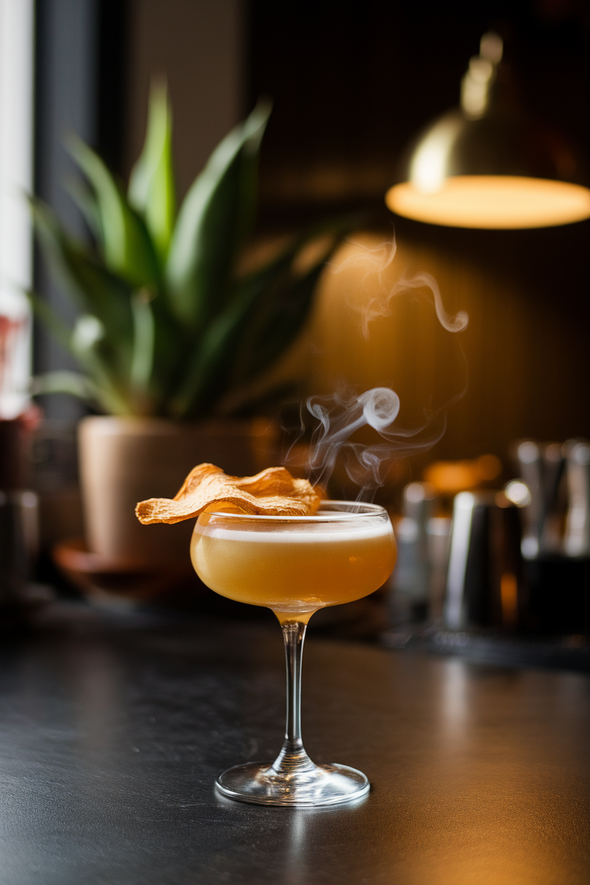 Dimly lit indoor bar with a coupe glass of smoke-kissed apple mezcal sour, dehydrated apple chip perched on rim. Photo, no text or logos.