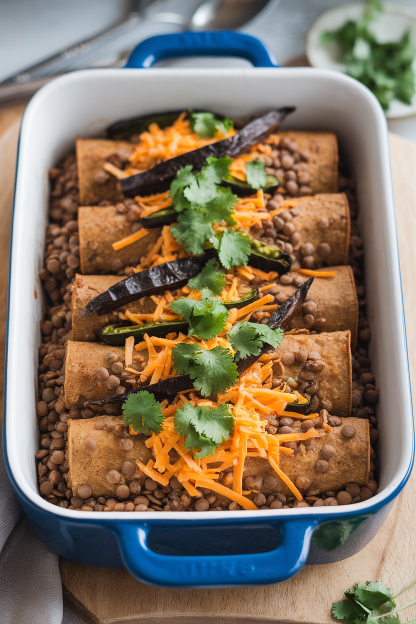 An indoor casserole pan of enchiladas brimming with brown lentils and charred poblano strips, topped sparsely with cheese and fresh cilantro, no logos.