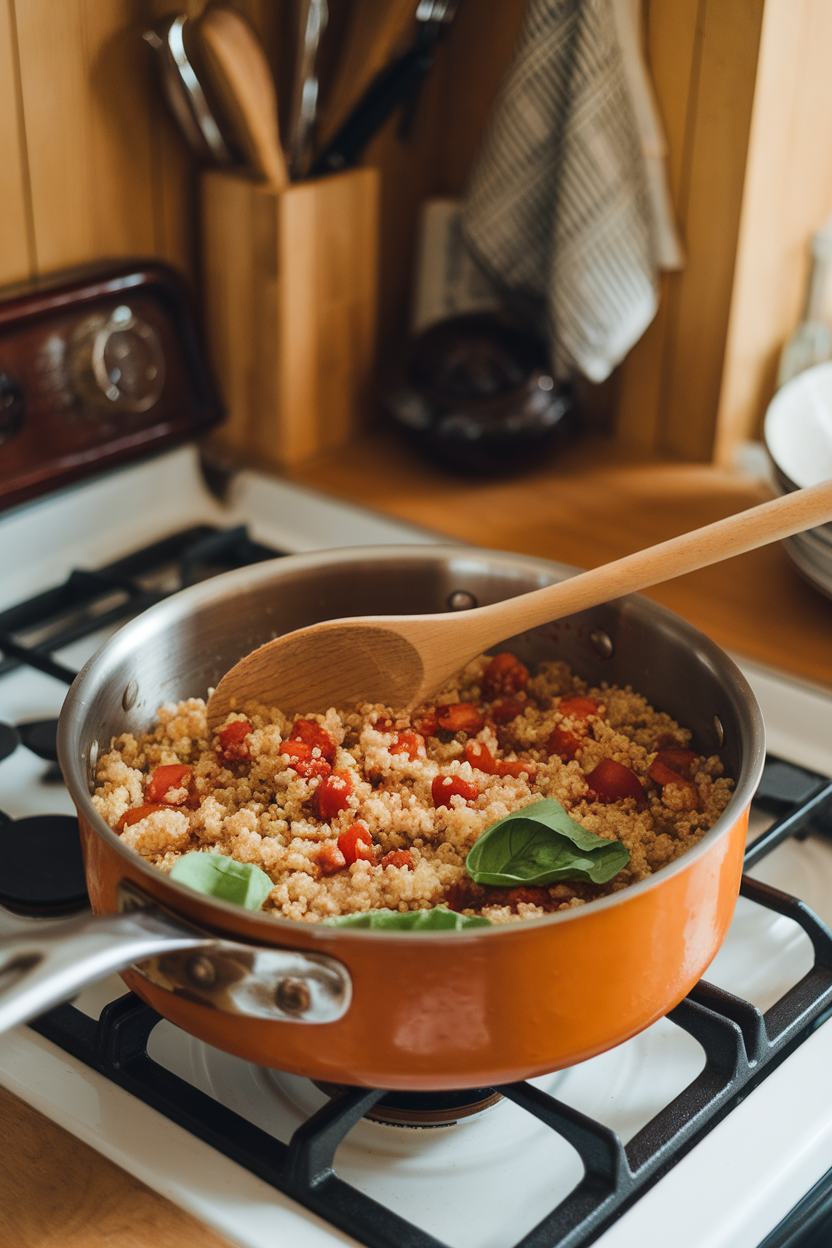 Warm indoor kitchen shot of a saucepan of fluffy quinoa cooked with diced tomatoes and basil leaves, wooden spoon resting on the side. No logos or text.
