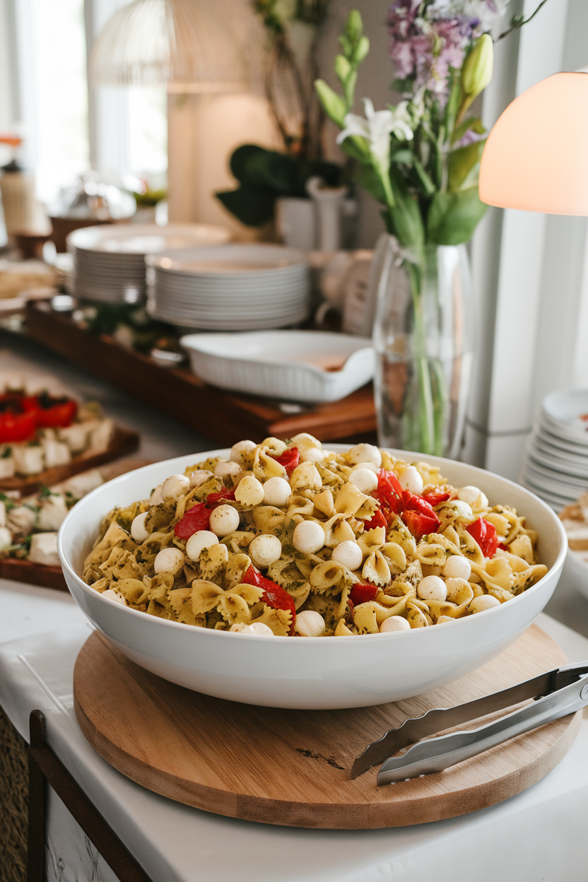 An indoor buffet scene featuring a large white bowl of bow-tie pasta tossed with pesto, roasted red peppers, and mozzarella pearls. No logos or text present. Photo.