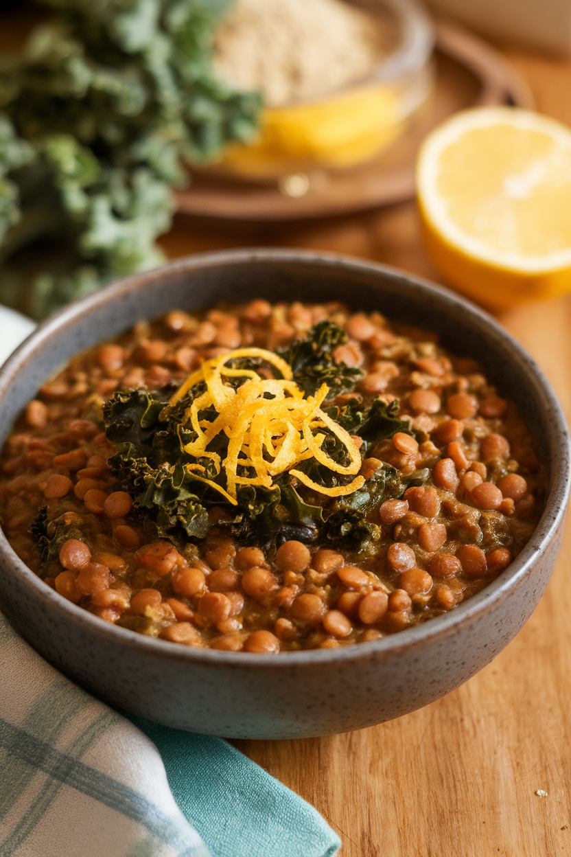 Indoor photo of a bowl of thick lentil and kale stew garnished with lemon zest. No text or logos.
