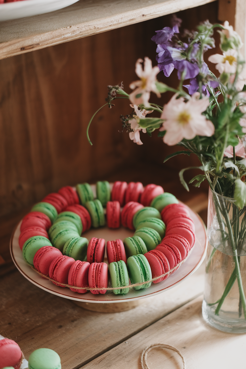 An indoor bakery scene with assorted red and green mini macarons threaded on baker’s twine, coiled neatly on a plate, no text or logos