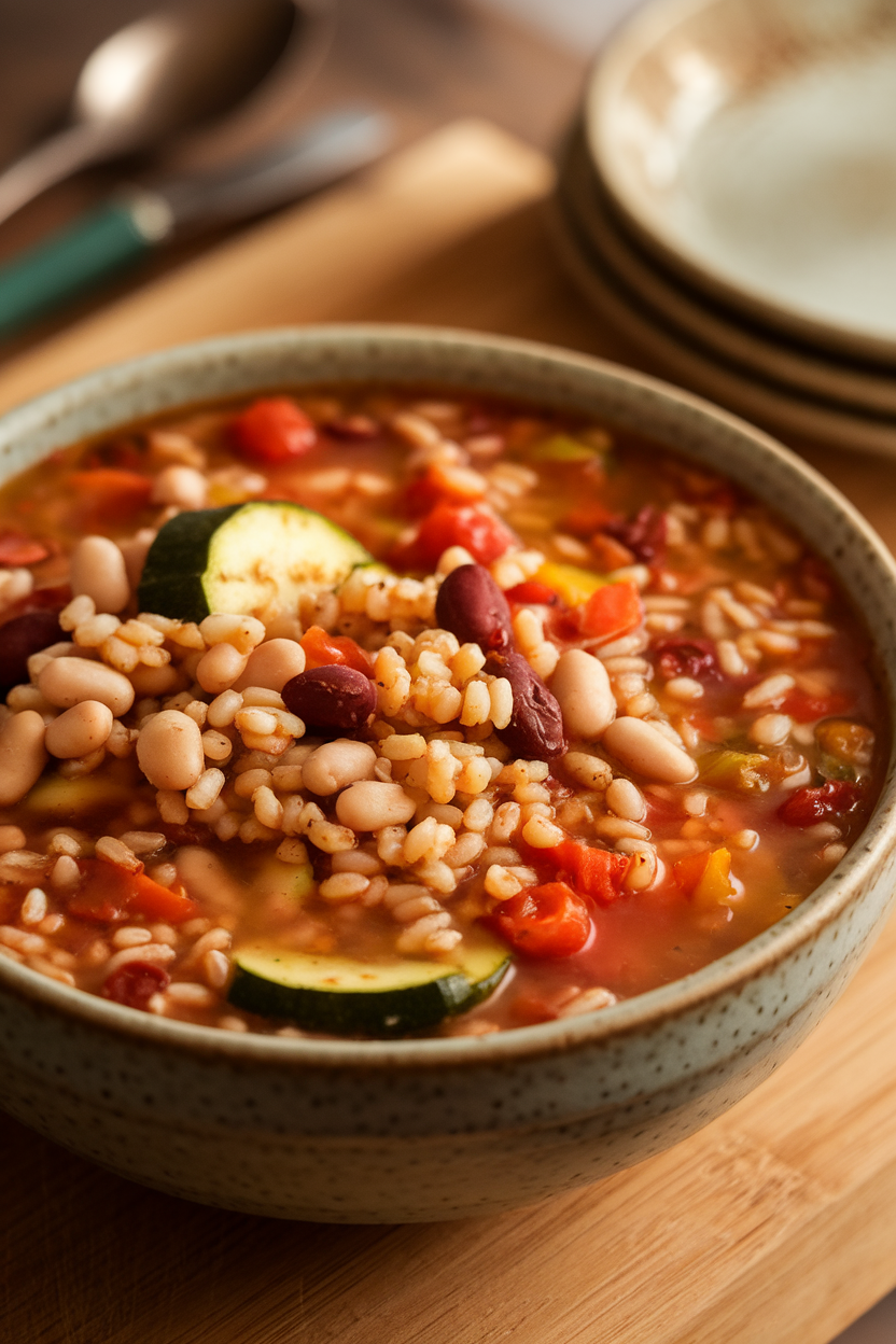 Indoor photo of a hearty bowl of minestrone loaded with farro, zucchini, beans, and tomatoes. No text or logos.