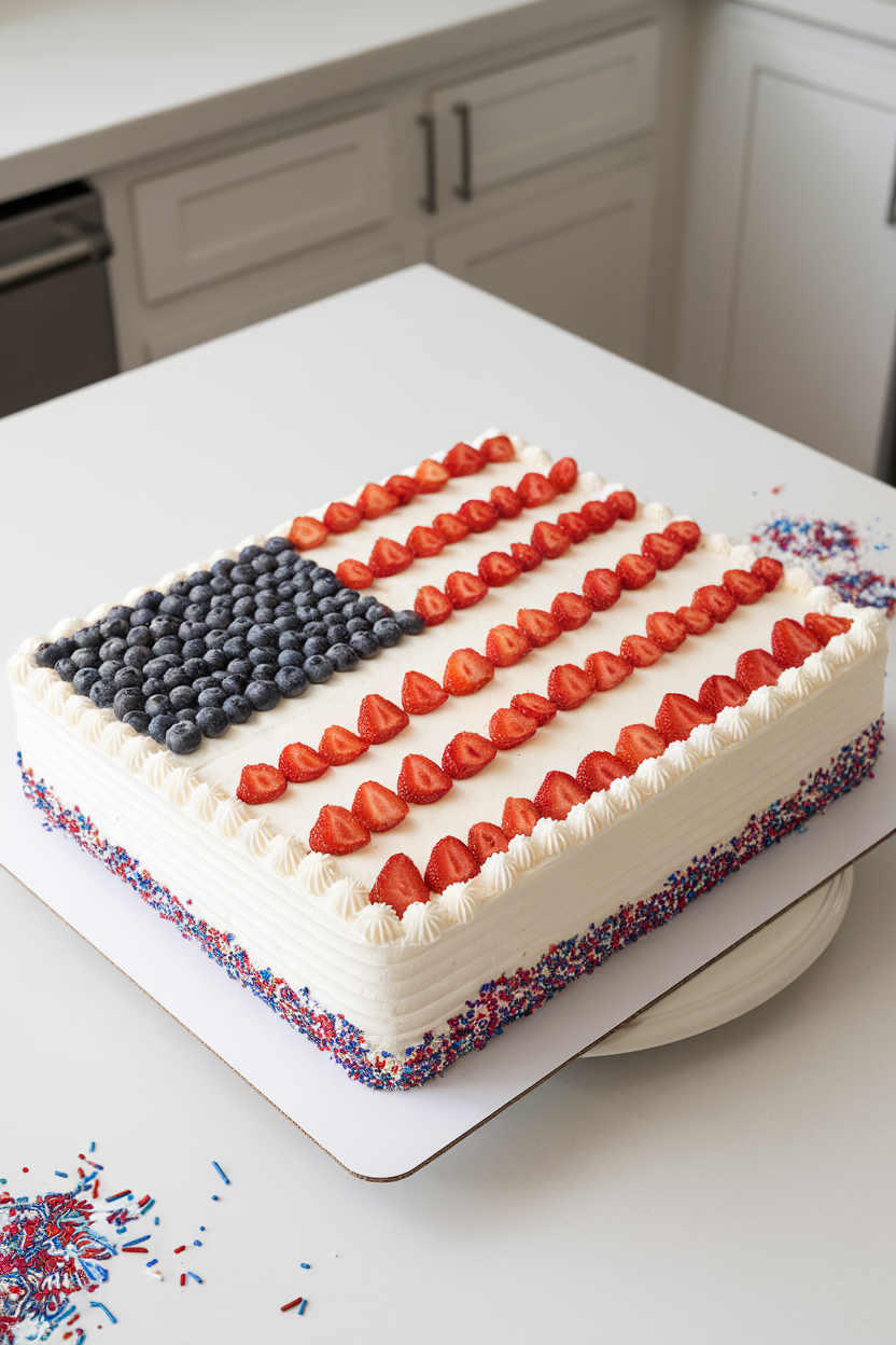 Indoor kitchen counter with a large rectangular vanilla sheet cake frosted white, topped with strawberry stripes and a blueberry corner to resemble the U.S. flag. No text or logos.