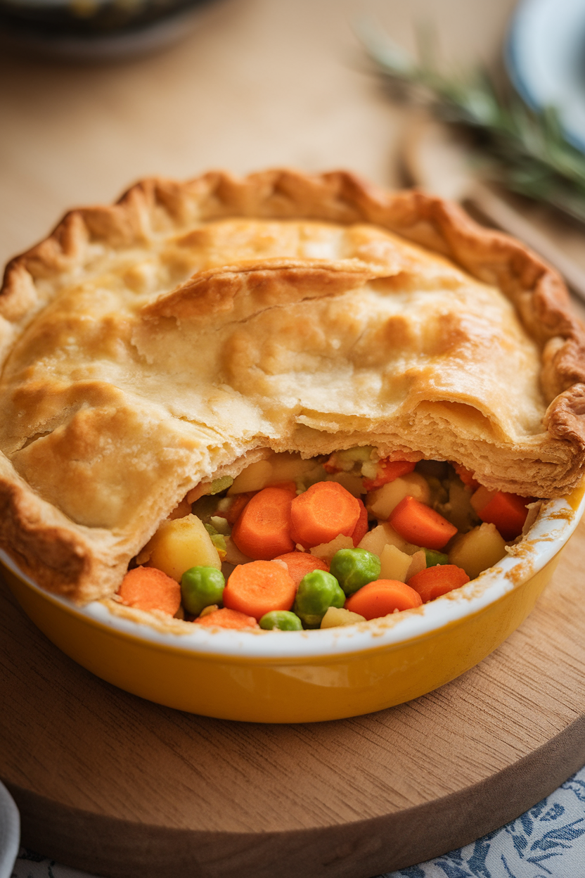 Photo of a golden pot pie with flaky crust broken open to reveal colorful vegetables, steam rising, no text or logos.