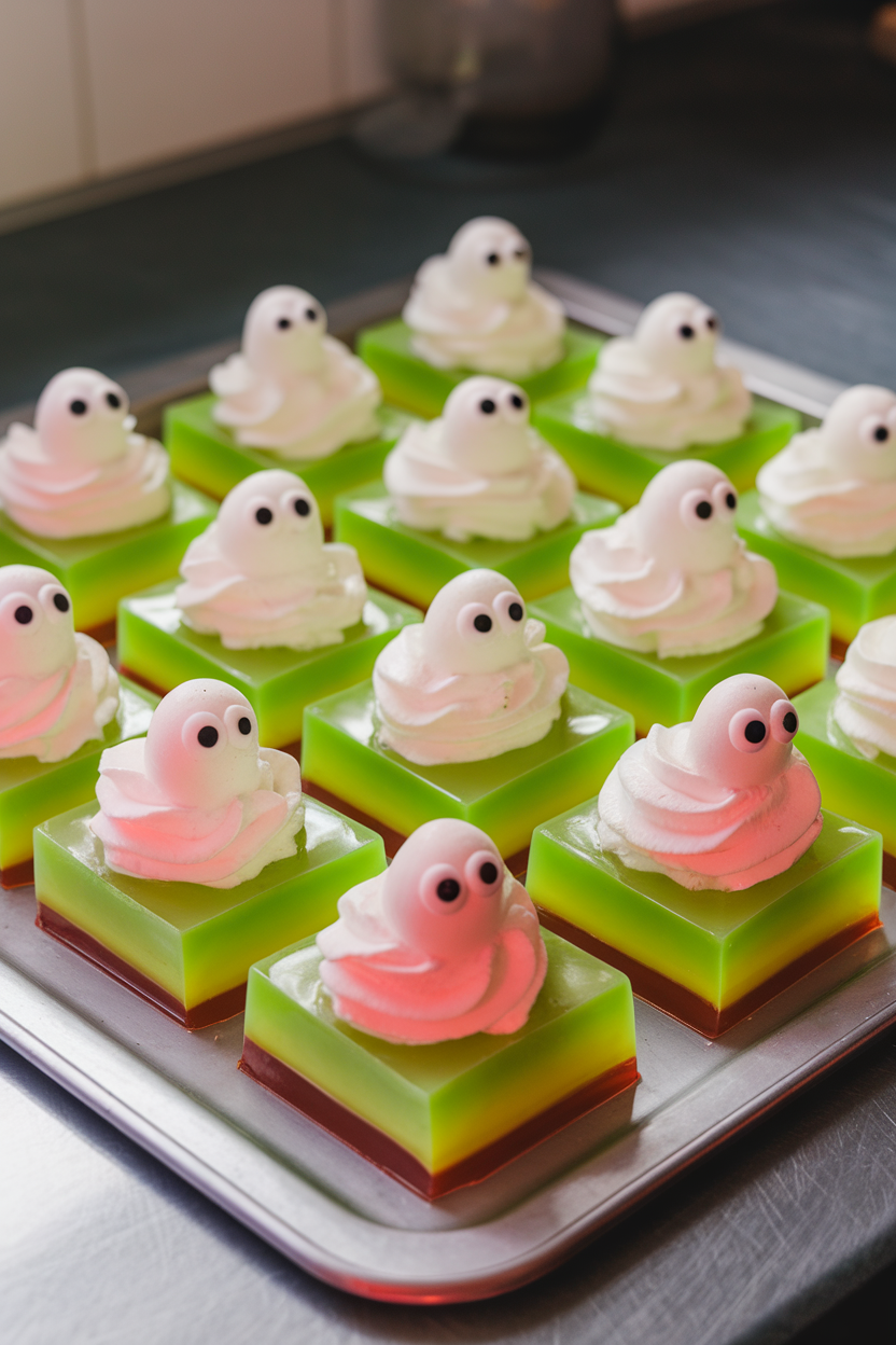 A tray of neon-green gelatin squares topped with whipped cream ghosts, candy eyes peeking out, indoor countertop, no text or logos.