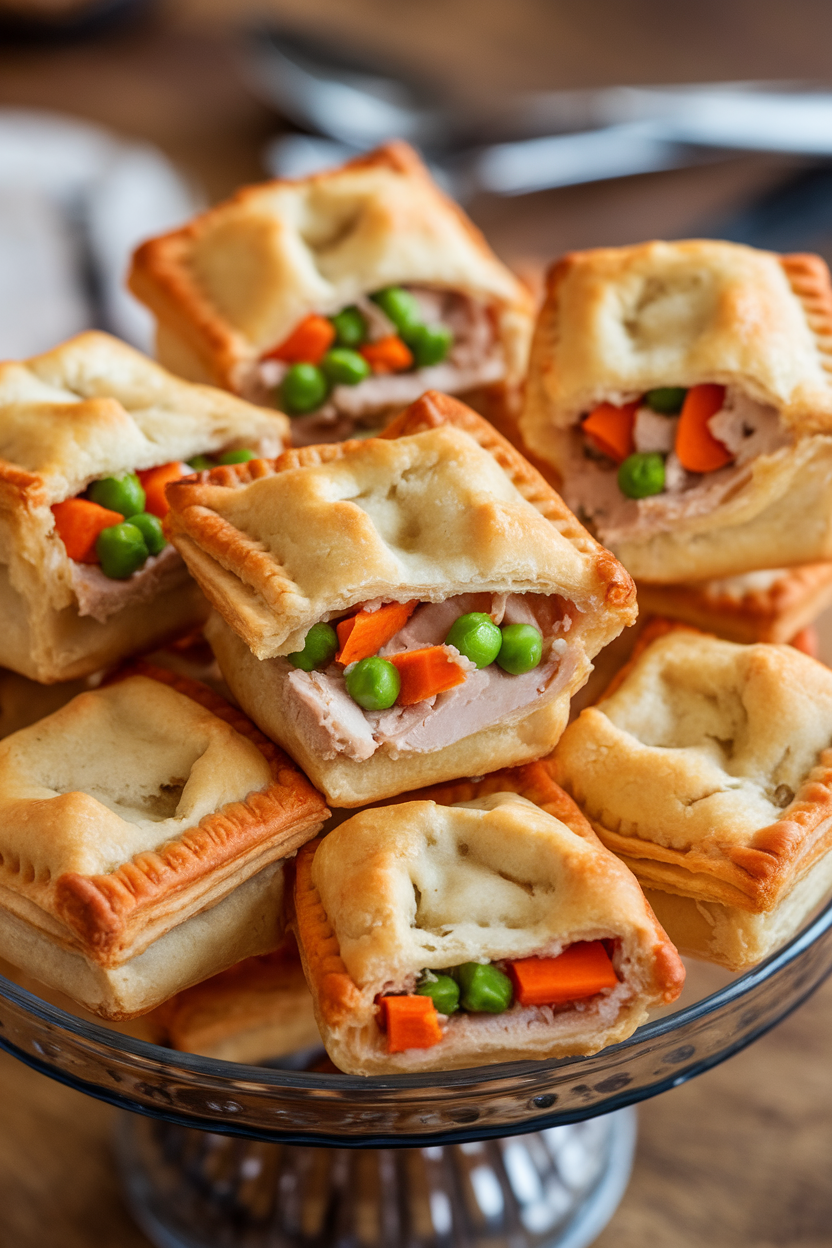 Photo of an indoor serving dish holding mini puff-pastry pies filled with turkey, peas, and carrots, golden tops slightly cracked. No text or logos visible.