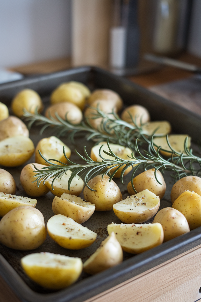 Indoor photo of a baking tray of golden fingerling potatoes with rosemary sprigs, no text or logos.