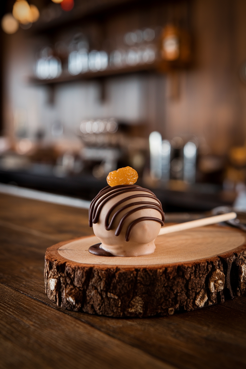 Photo, not illustration. Indoor tavern-style bar. Light brown cake pops with a drizzle of dark rum-flavored chocolate and a single golden raisin on top, set on a wood plank. No text or logos.