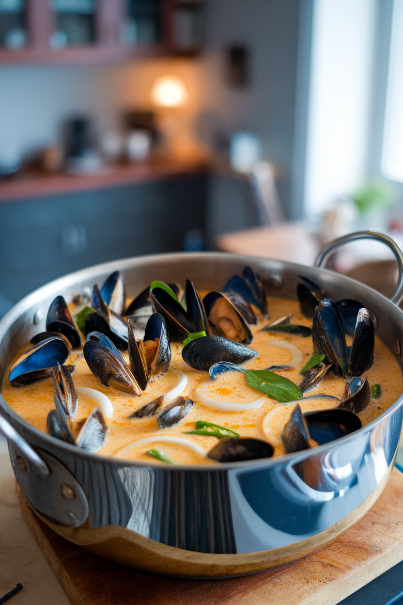 Photo of a deep pot filled with cooked mussels in a creamy coconut curry broth, indoor tabletop. No text or logos.</Prompt