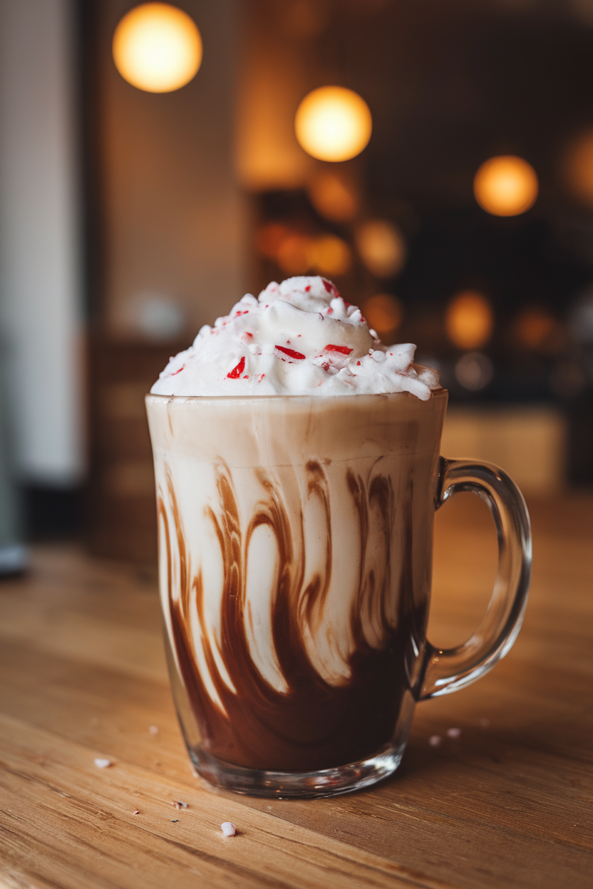Indoor mug of frothy peppermint mocha topped with whipped cream and crushed candy cane bits, cozy cafe lighting. No text or logos. Photo only.