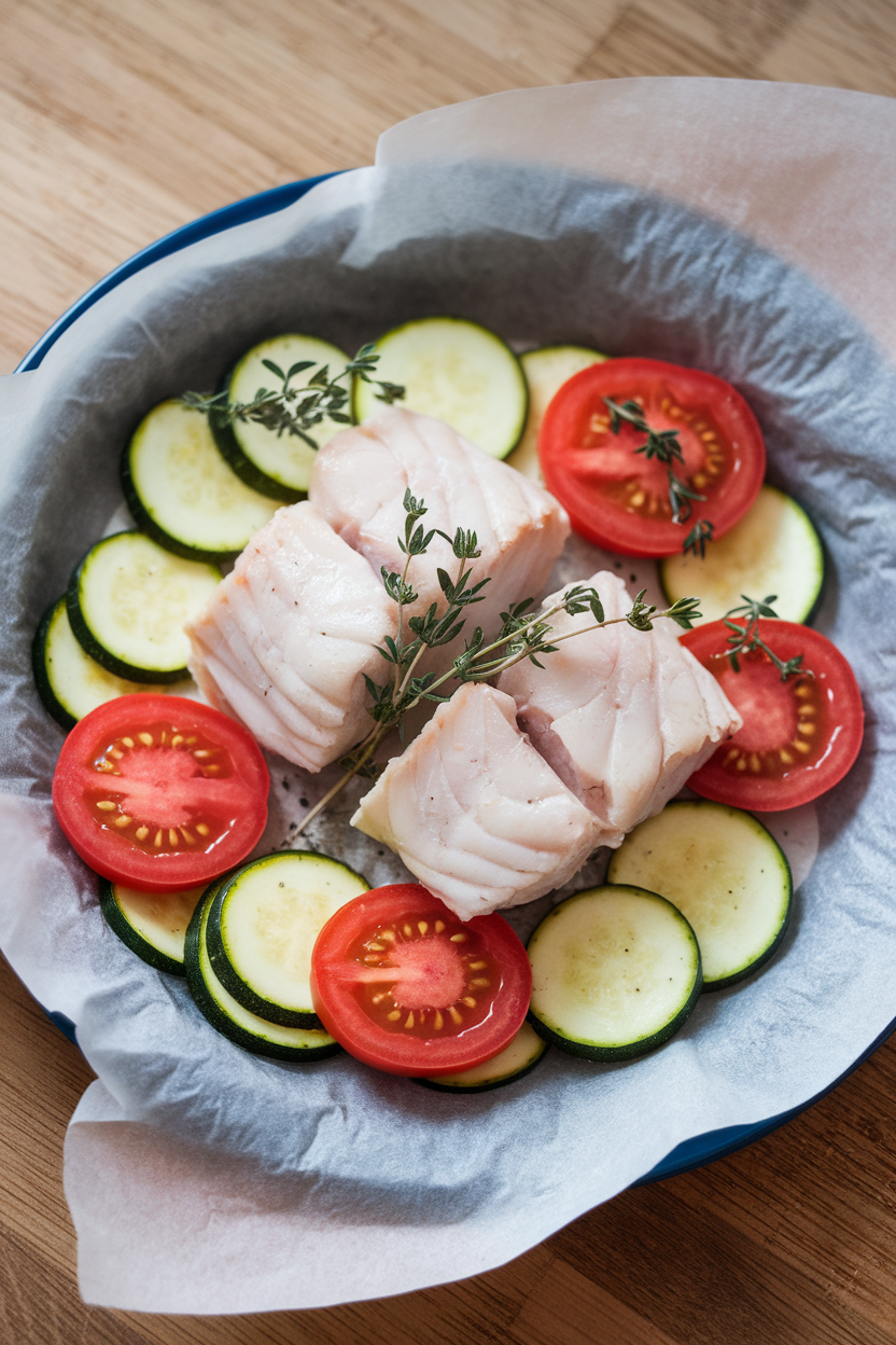 An indoor plate displaying an opened parchment packet revealing flaky cod with sliced zucchini, tomato rounds, and fresh thyme sprigs. No text or logos. Photo.