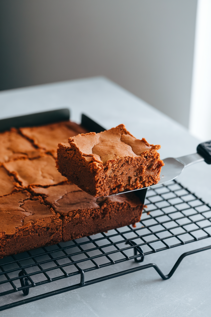 An indoor cooling rack with a square pan of fudgy sweet potato brownies, one piece lifted out on a spatula to show moist texture. Photo, no text or logos.