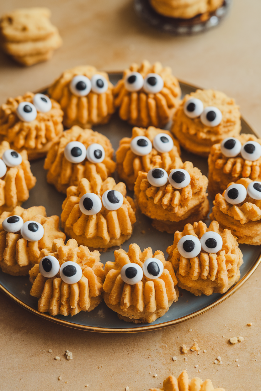 Indoor plate of golden butterscotch haystack cookies studded with candy eyes, no text or logos.