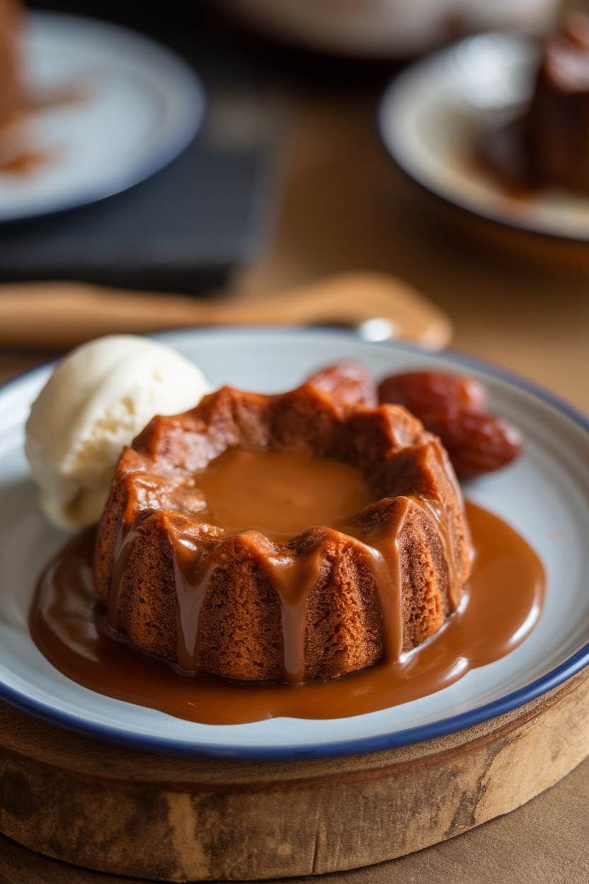 Indoor photo of a warm date cake drenched in toffee sauce on a dessert plate, small scoop of vanilla ice cream beside it; no text or logos