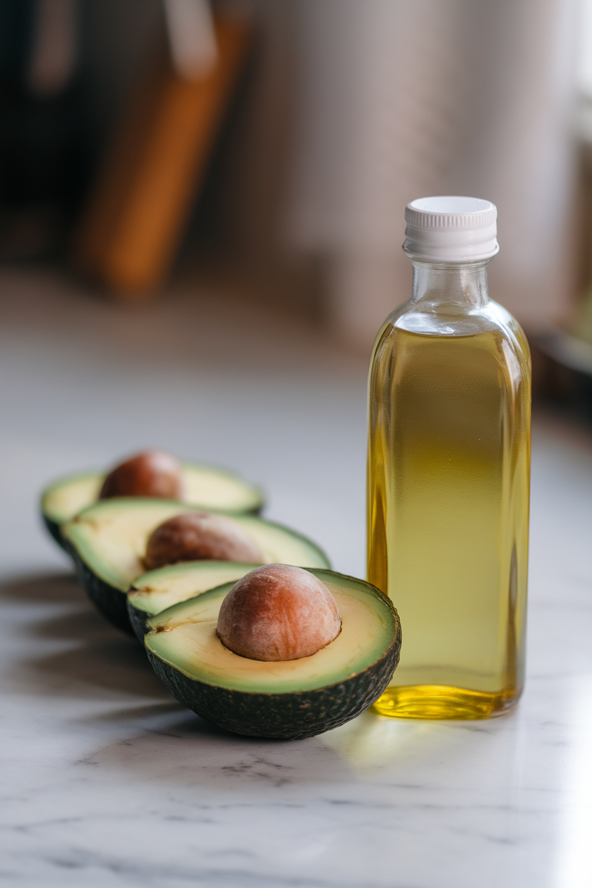 Indoor photo of a clear bottle of avocado oil beside sliced avocados on a marble surface; soft window light, no text or logos