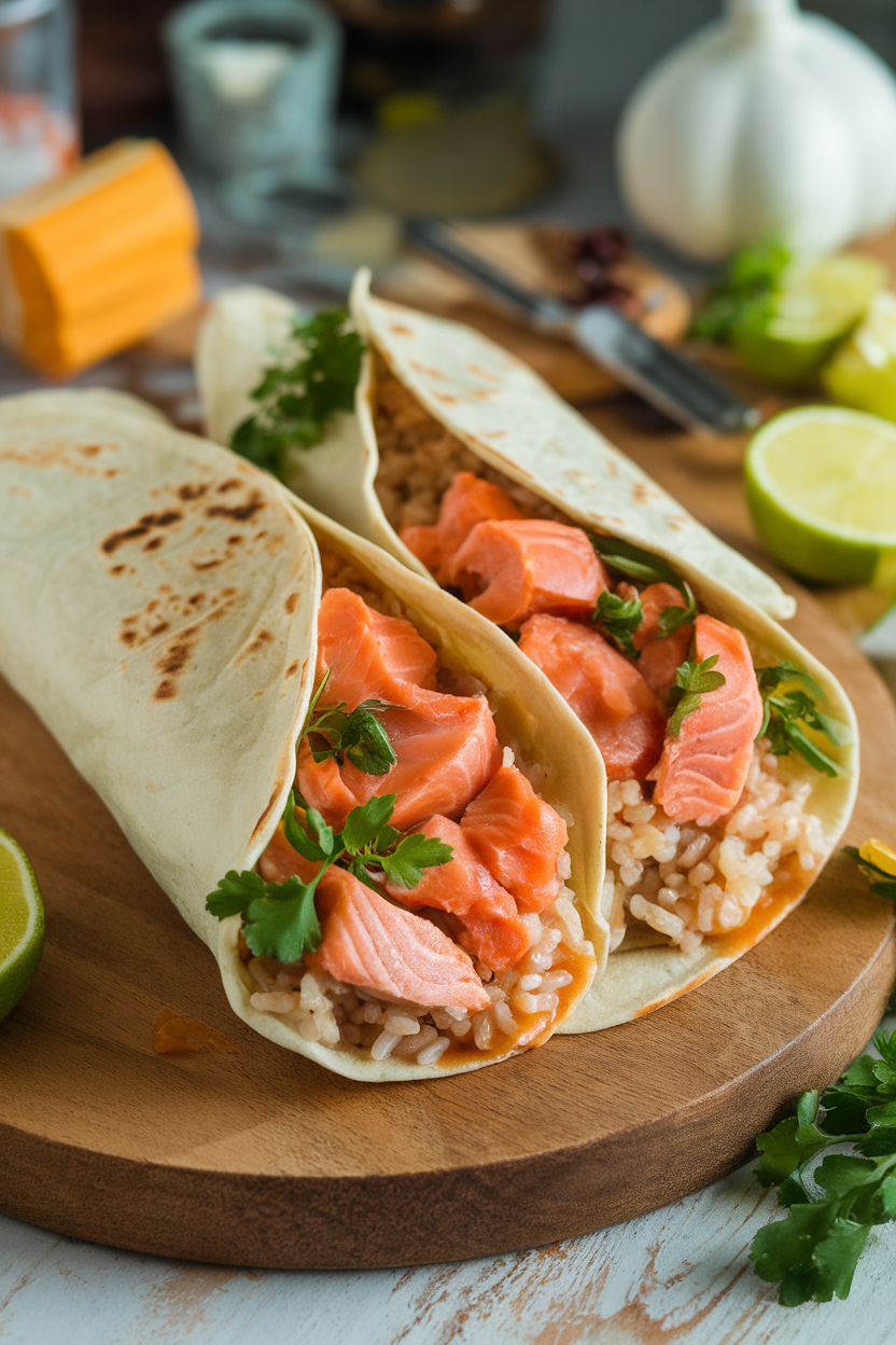 Photo of cooked salmon flakes and brown rice inside tortillas, glazed with ginger-garlic sauce, indoor scene, no logos.