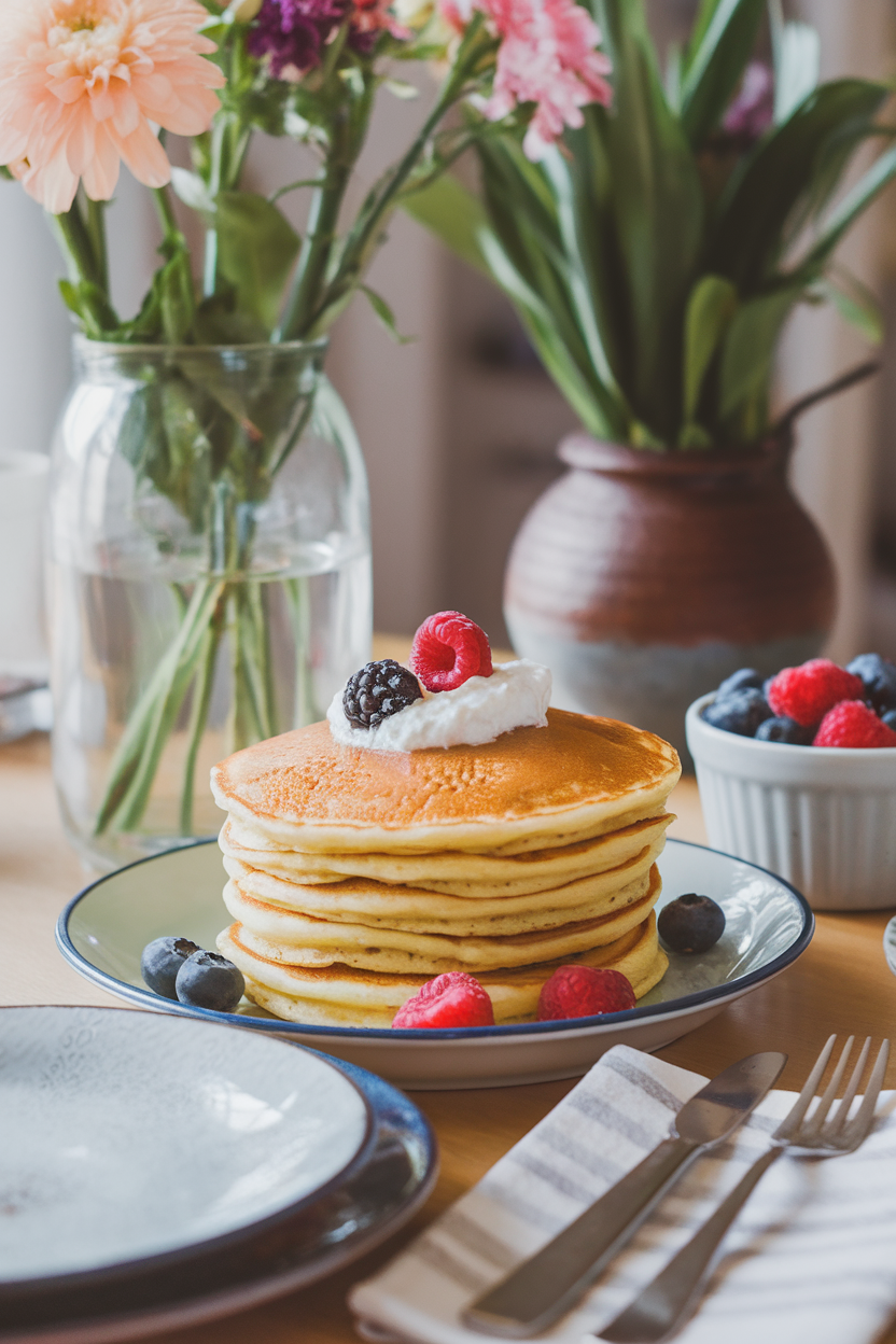 Stack of golden pancakes with a dollop of cottage cheese and berries on an indoor brunch table, no text or logos.