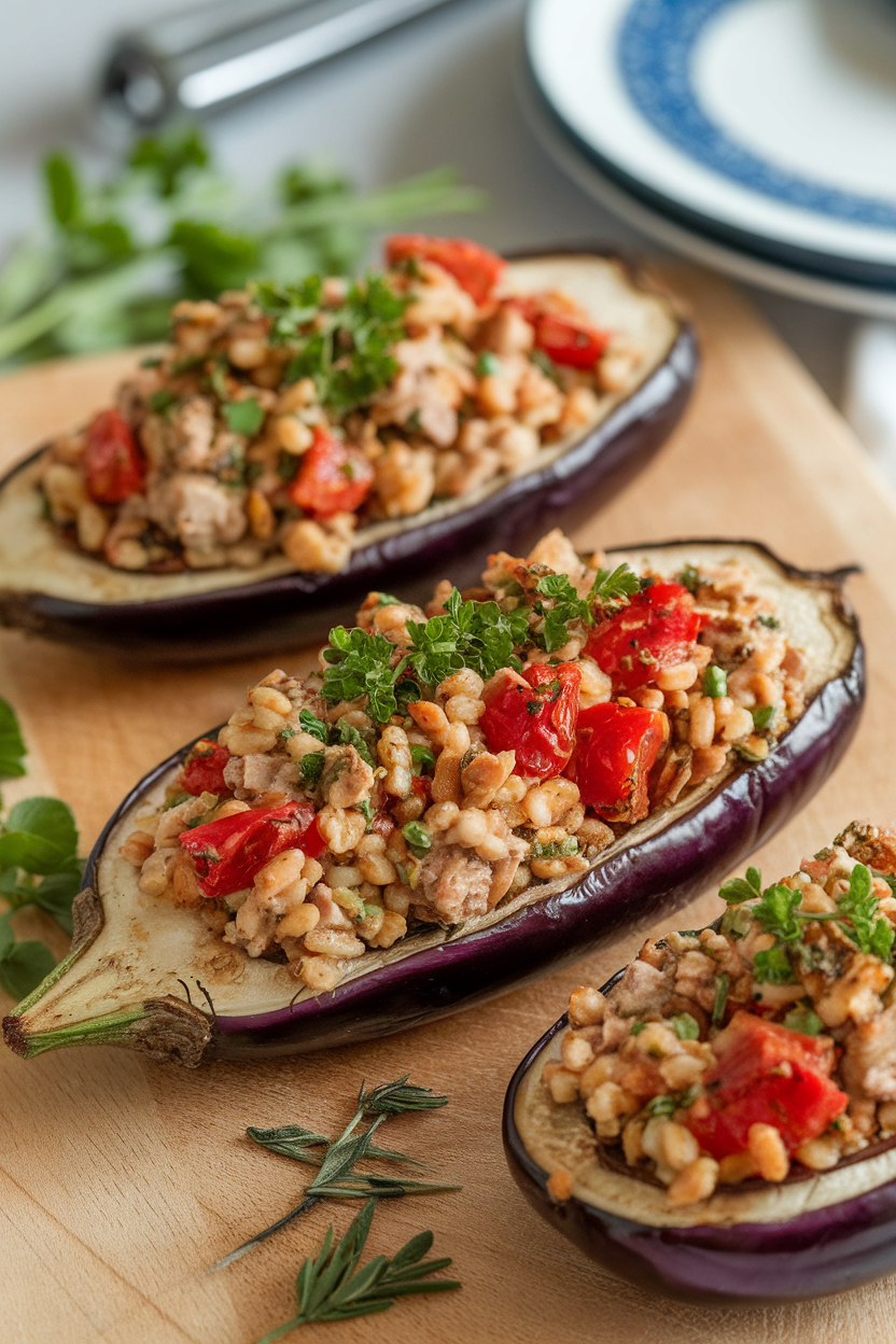 Indoor photo of halved roasted eggplants filled with turkey, farro, tomatoes, and herbs, no text or logos.