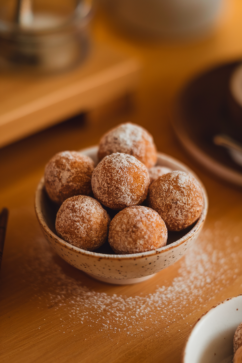 Warm indoor photo of bite-size round cookies coated in cinnamon-sugar, arranged in a small bowl with a light dusting of powdered sugar; no text or logos.