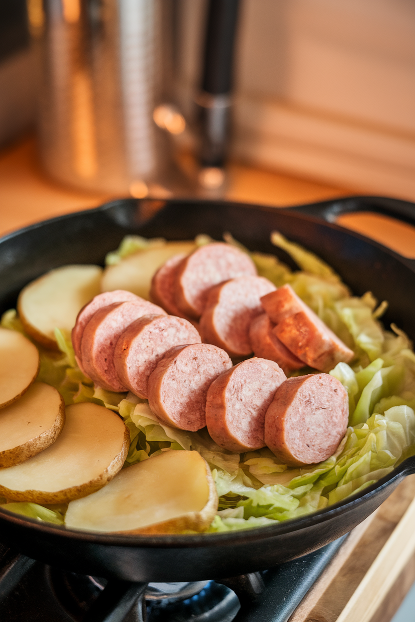 Photo of an indoor cast-iron skillet containing sliced chicken sausage, sautéed cabbage, and thin potato rounds, lightly browned. No logos or text present.