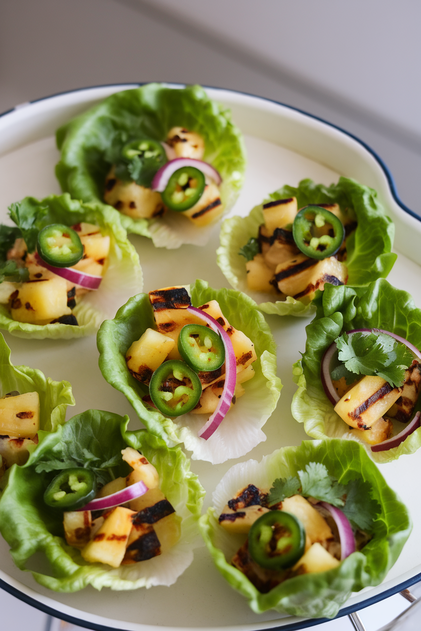 Indoor photo of lettuce cups filled with chunky grilled pineapple, red onion, cilantro, and jalapeño salsa, placed on a white serving tray. No text or logos visible.