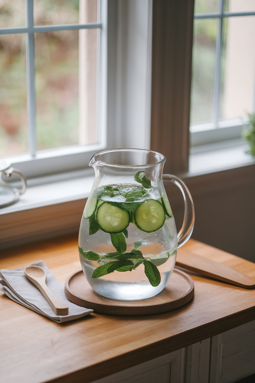 A glass pitcher filled with water, cucumber slices, and sprigs of mint on a kitchen table; no text or logos; photo