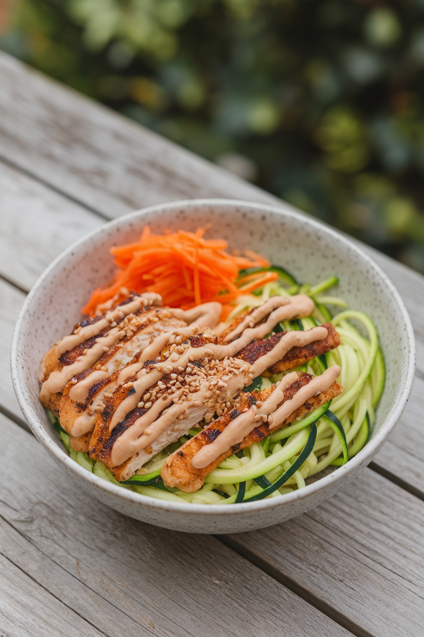 An indoor bowl containing zucchini noodles, grilled chicken strips, shredded carrots, and sesame peanut drizzle. No text or logos.