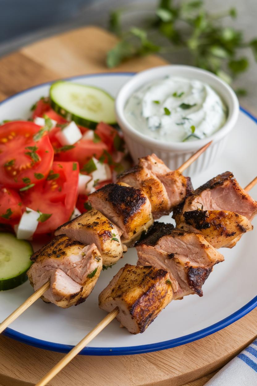 Photo of an indoor plate featuring skewered cooked chicken souvlaki, tomato-cucumber salad, and a side of tzatziki, no text or branding present.