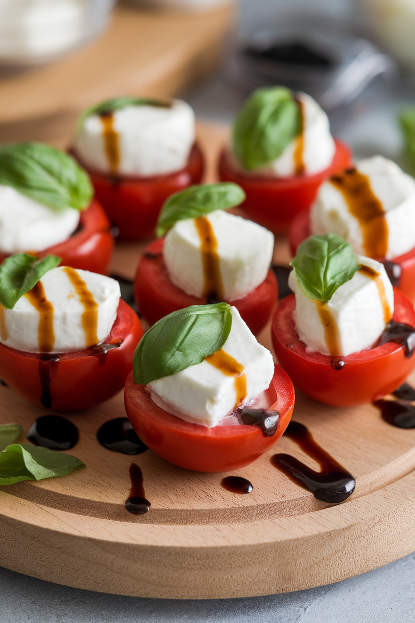 An indoor plate of hollowed cherry tomatoes filled with diced mozzarella and basil, balsamic pearls on top, no text or logos.