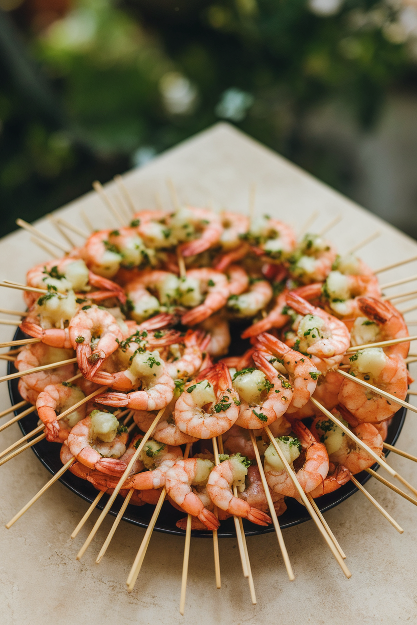 Indoor platter of small skewers with cooked shrimp glazed in citrus and herb marinade—photo, no text or logos.