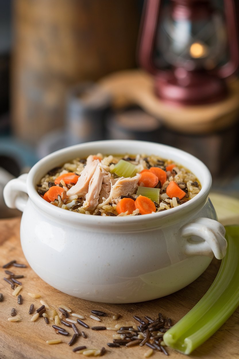 A white ceramic bowl indoors filled with hearty wild rice soup containing shredded chicken, carrots, and celery. No text or logos; photo only.