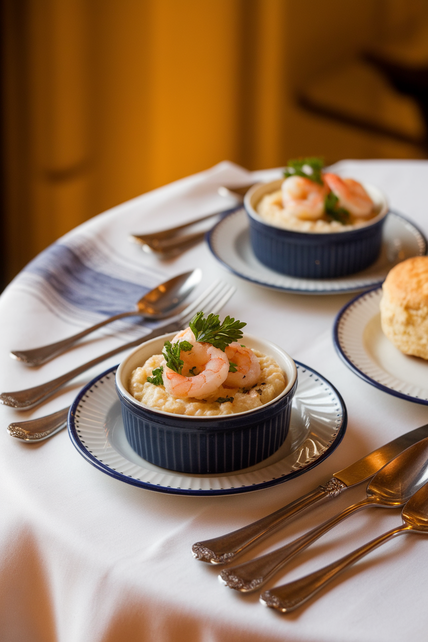 An indoor table with small ramekins of creamy grits topped with sautéed shrimp and parsley, warm golden lighting, no text or logos.